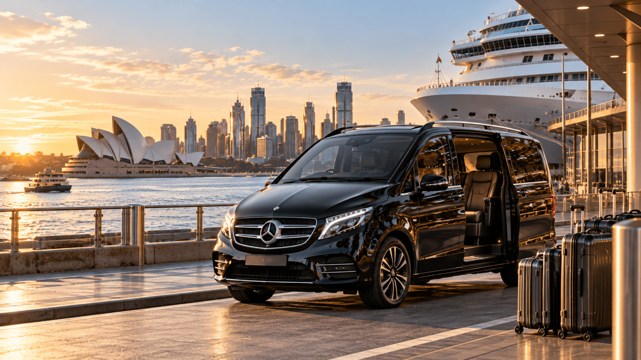 Black Mercedes-Benz V-Class arranged for a private transfer between Sydney Airport and a Sydney cruise terminal