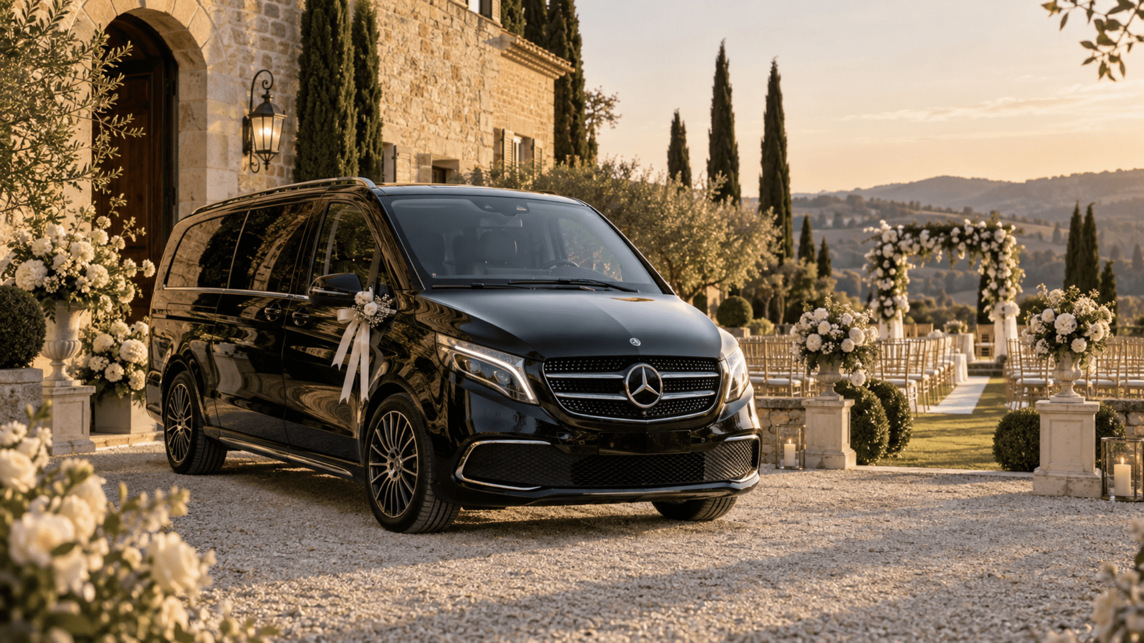 Black Mercedes-Benz V-Class wedding chauffeur vehicle at an elegant Sydney wedding venue