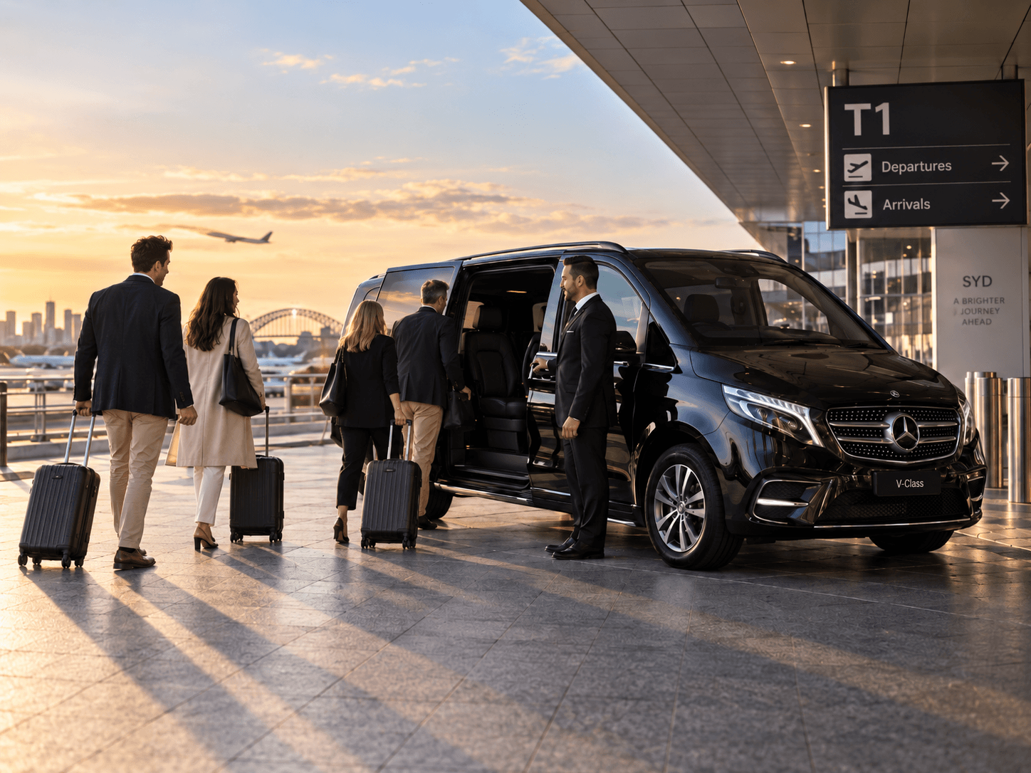 Group arriving for a private Sydney Airport transfer in a black Mercedes-Benz V-Class with a professional chauffeur