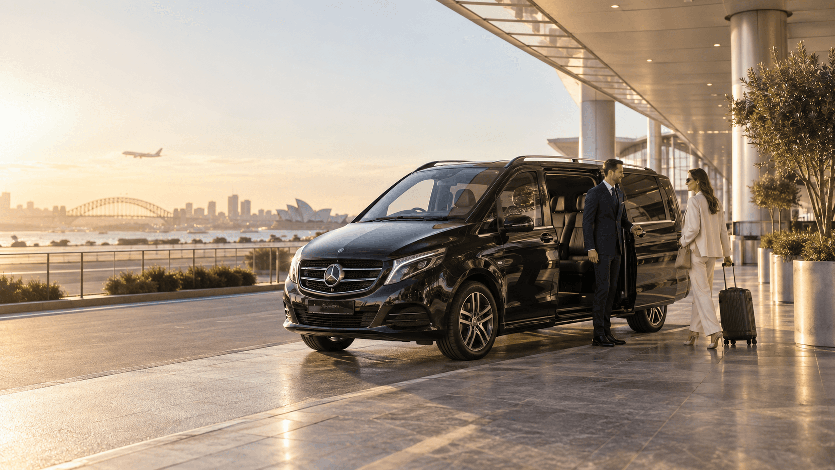 Professional private chauffeur with a black Mercedes-Benz V-Class for corporate travel in Sydney